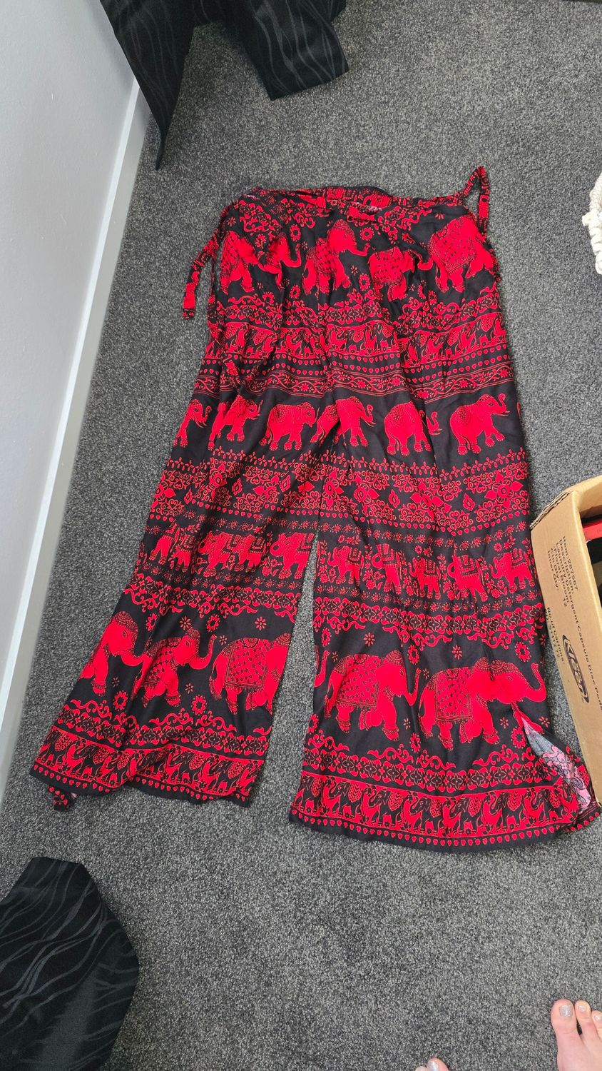 Red elephant wrap around pants