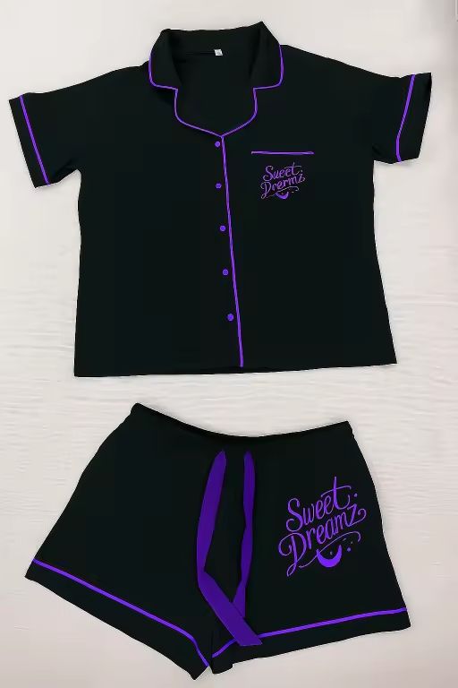 Black/Purple Trim Bamboo Short Set