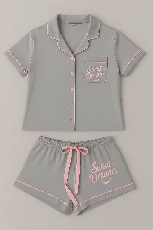 Grey/Pink Trim Bamboo Short Set