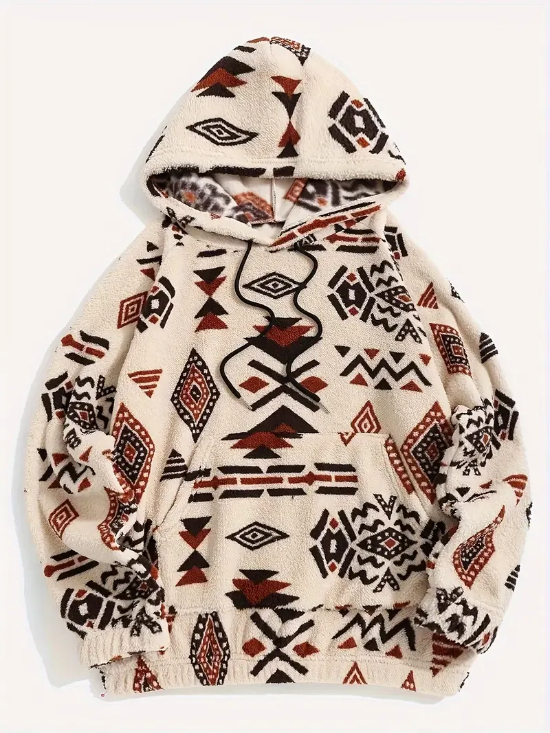 Ethnic Aztec Print Hoodie - Women&#39;s Fuzzy Sweatshirt with Kangaroo Pocket, Casual Long Sleeve Warm Top