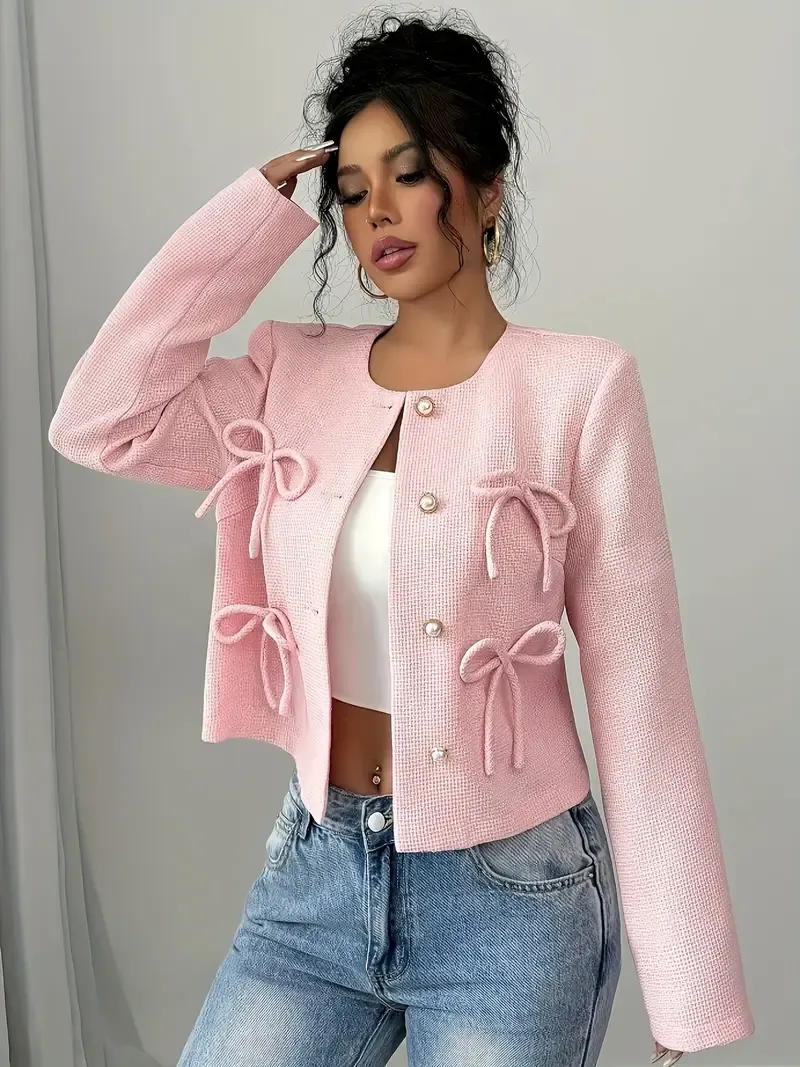 Women&#39;s Pink Bow Jacket - Casual Long Sleeve Quilted Outerwear with Shiny Finish, Decorative Ribbons, and Machine Washable Design
