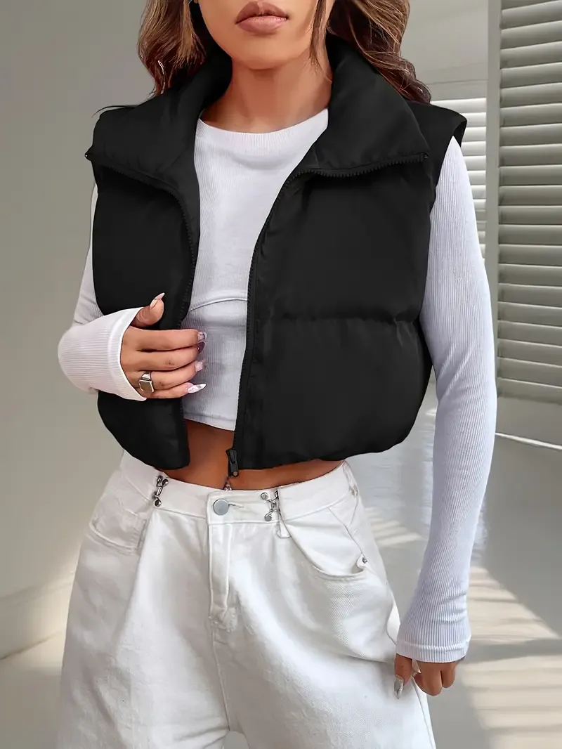 Solid Color Zippered Short Vest - Casual Sleeveless Stand Collar Vest for Autumn and Winter, Women&#39;s Clothing