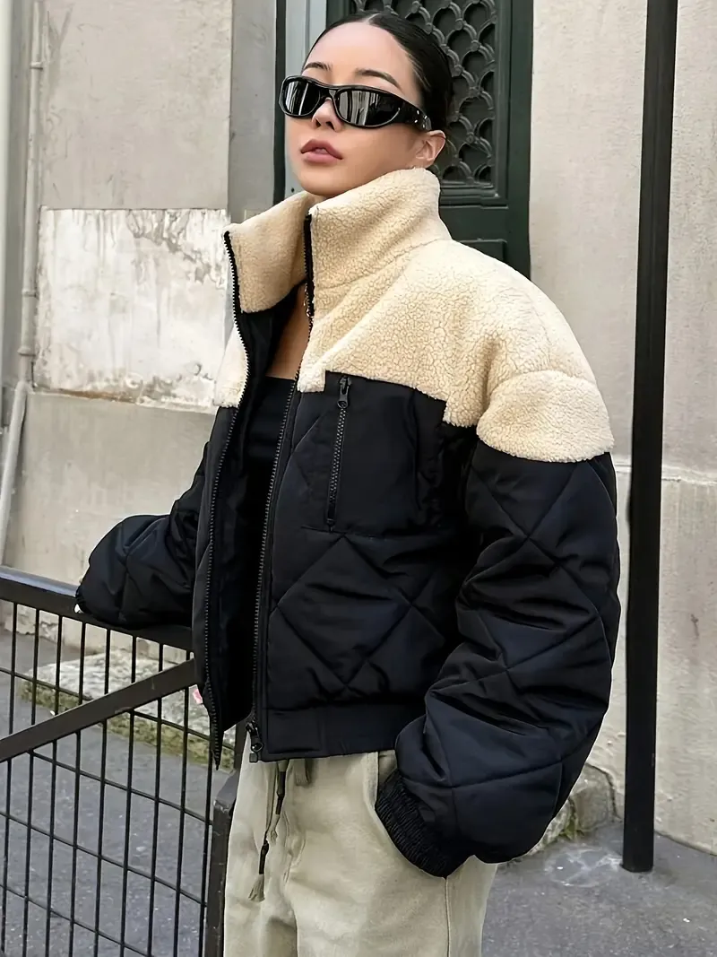 Color Block Zipper Coat, Versatile Thickened Stand Collar Long Sleeve Coat For Winter, Women&#39;s Clothing