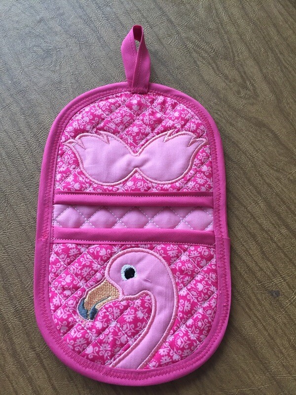 Flamingo oven mitt machine embroidery in the hoop design