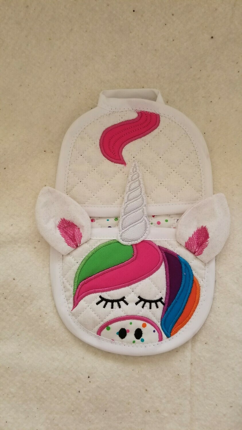 Unicorn oven mitt machine embroidery in the hoop design