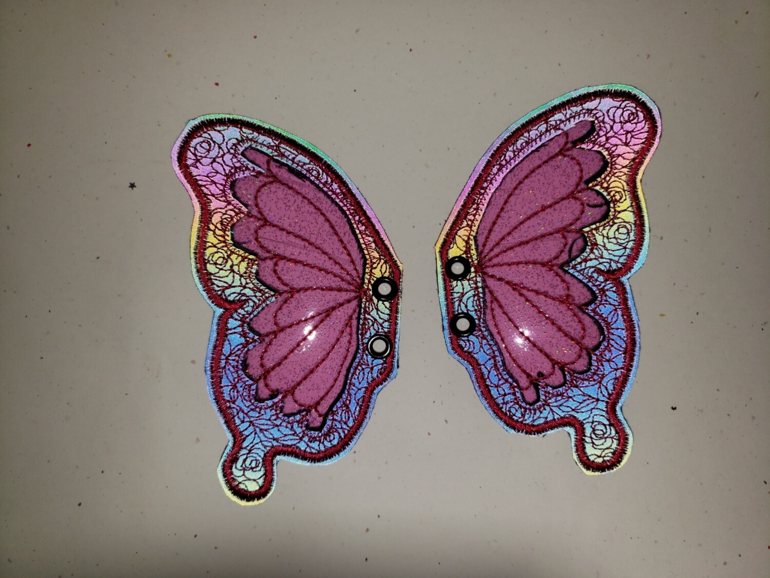Butterfly transparent shoe wings with rainbow reflective fabric
