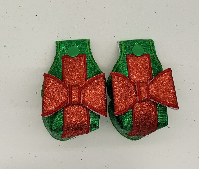 Christmas gift Toe guards in green metallic fabric with red glitter bows rts