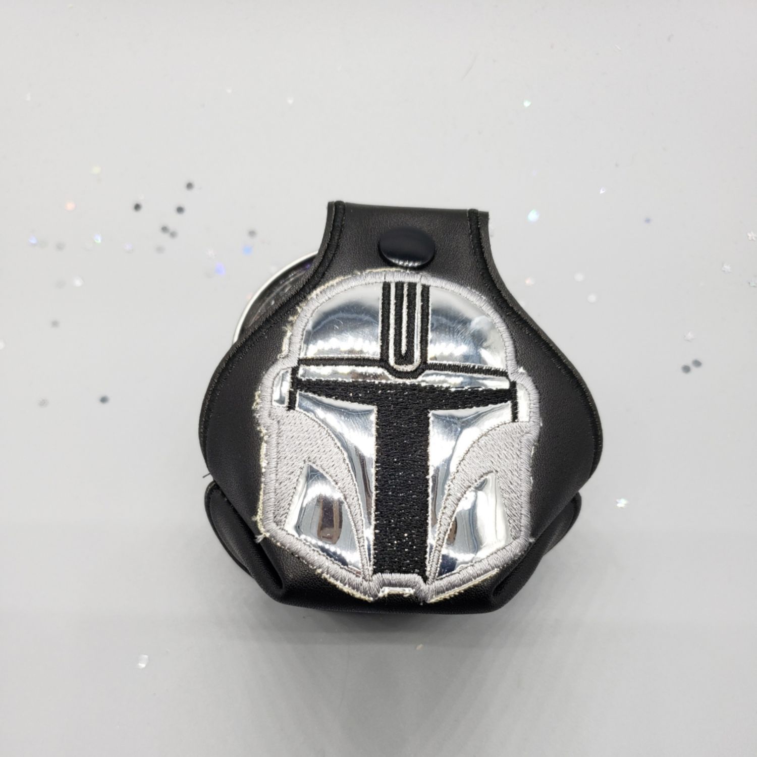 Mando helmet on black faux leather with mirror fabric custom order for Bont skates