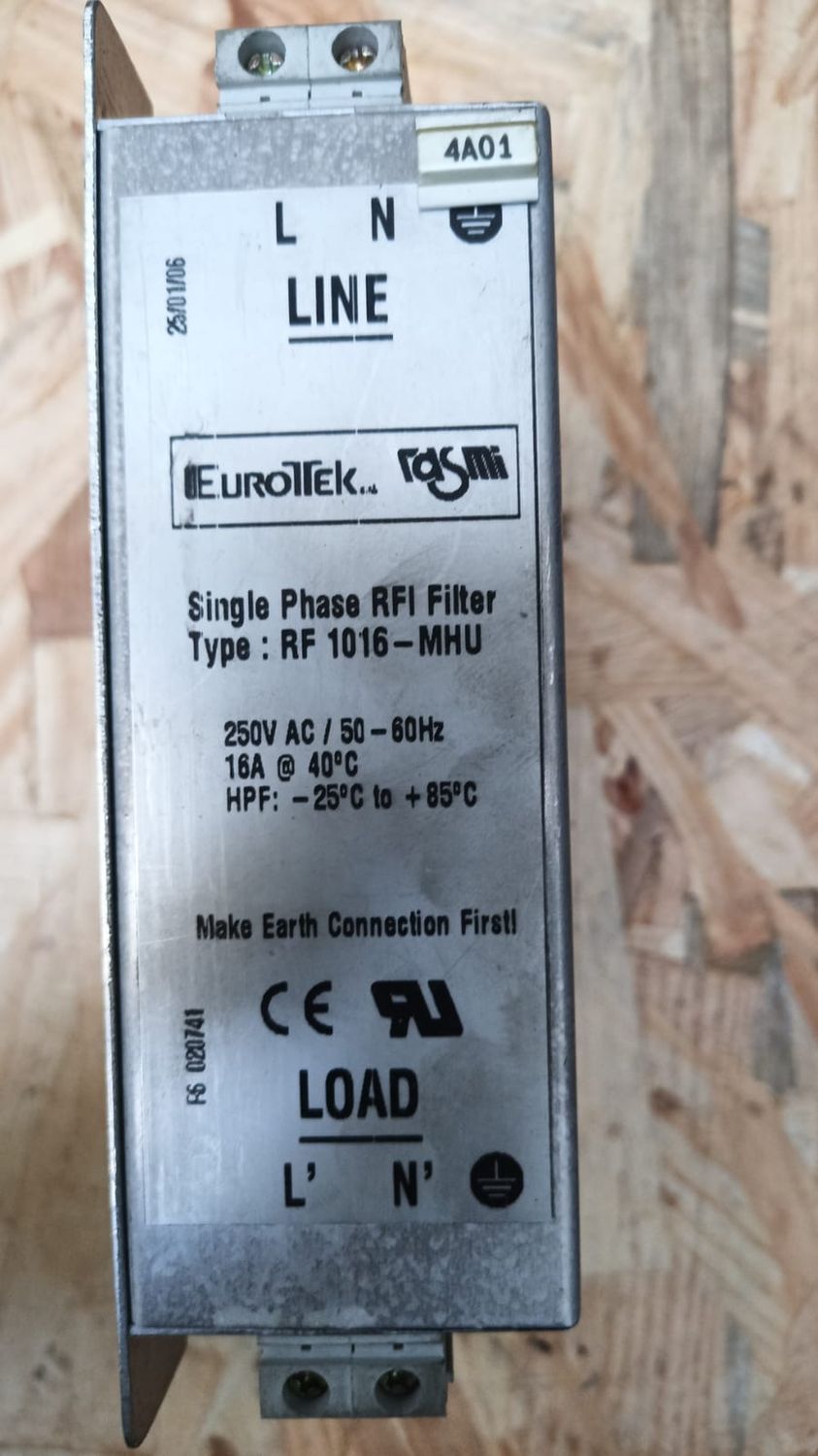 EUROTEK LINE SINGLE PASE RFI FILTER TYPE RF 1016 MHU