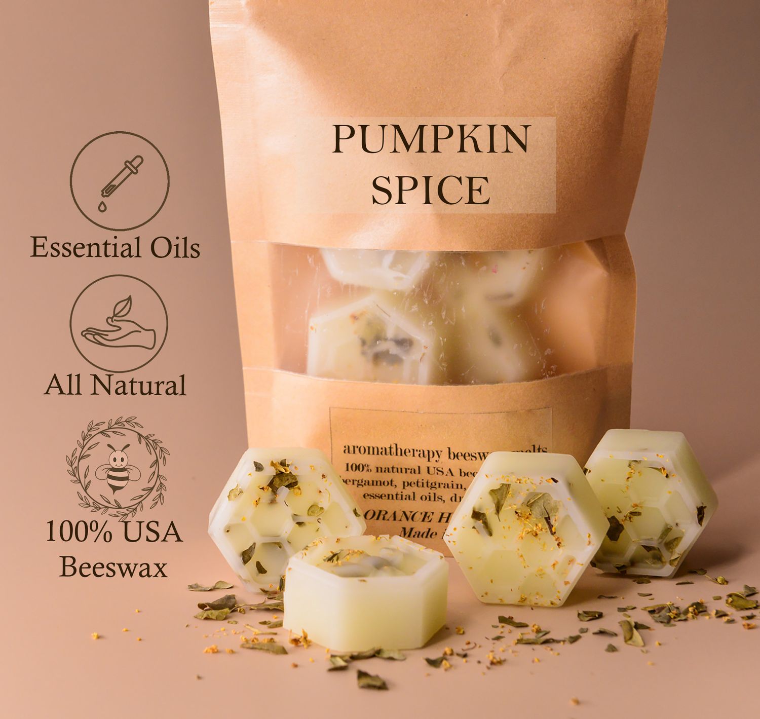 Pumpkin Spice Organic Beeswax Melts (orange | cinnamon | nutmeg |clove | vanilla | cinnamon bark | cloves)