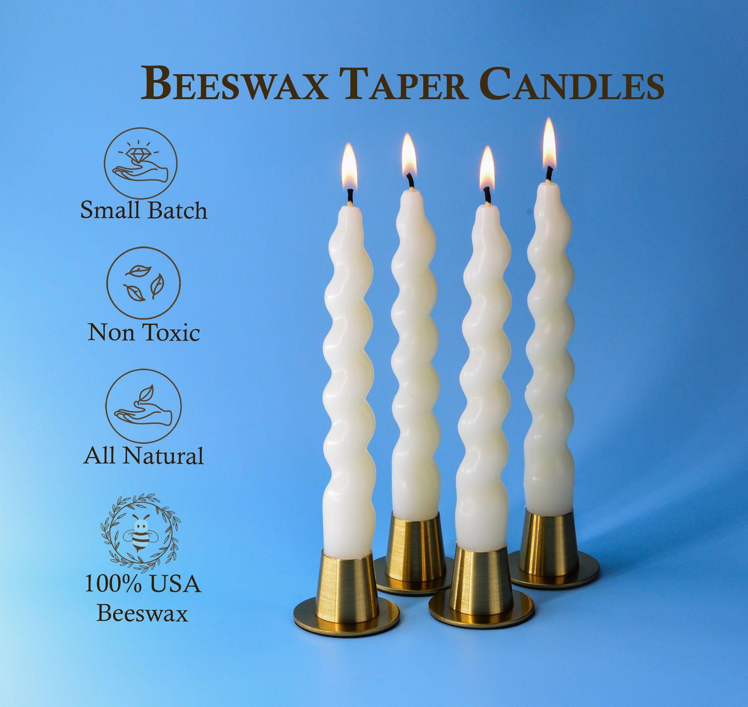 Beeswax Taper Candles | Pair of 7&quot; Twisted Candles | 100% Pure USA Beeswax With Cotton Wick | Stick Candle | Colors: Ivory White