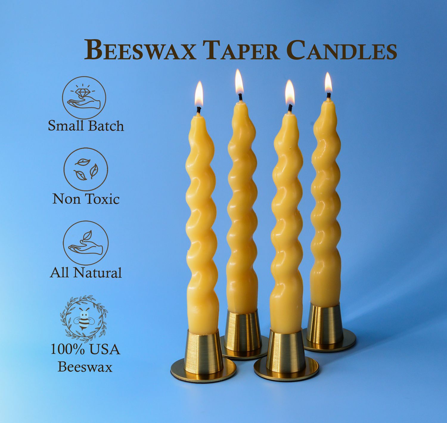 Beeswax Taper Candles | Pair of 7&quot; Twisted Candles | 100% Pure Natural Beeswax With Cotton Wick Made in USA | Stick Candle | USA beeswax
