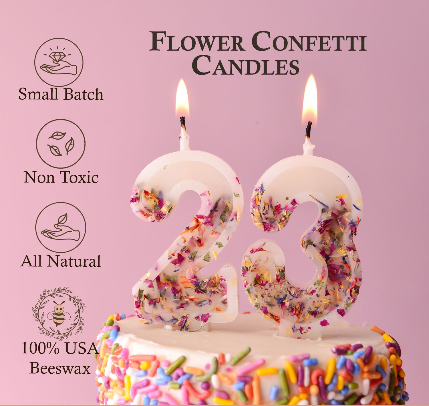 100% USA Pure Beeswax Numbers Birthday Candles With Flower Confetti Dried Plants | Anniversary Celebration Cake Cupcake | Non-Toxic | Safe