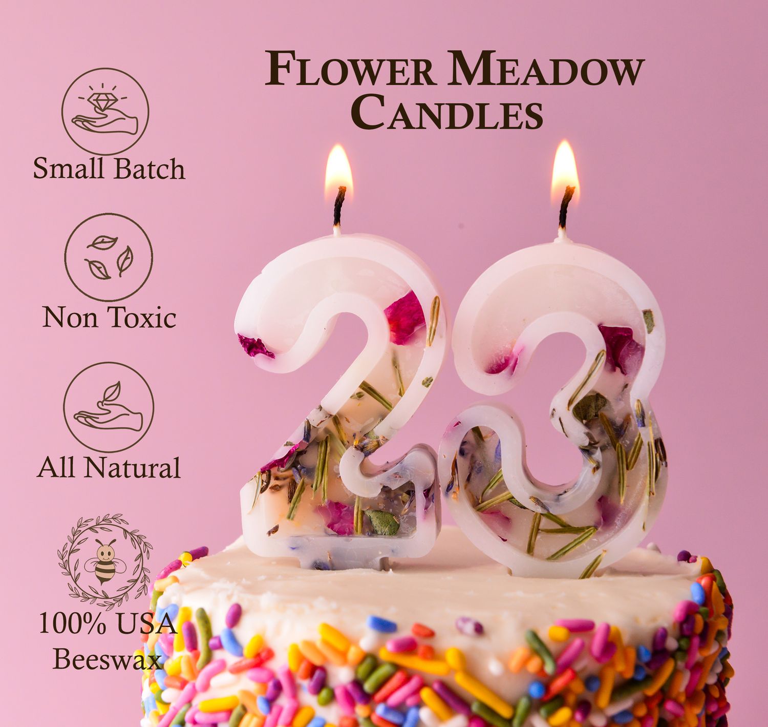 100% USA Pure Beeswax Numbers Birthday Candles With Flower Meadow Dried Plants | Anniversary Celebration Cake Cupcake Candle Topper Non-Toxic Safe