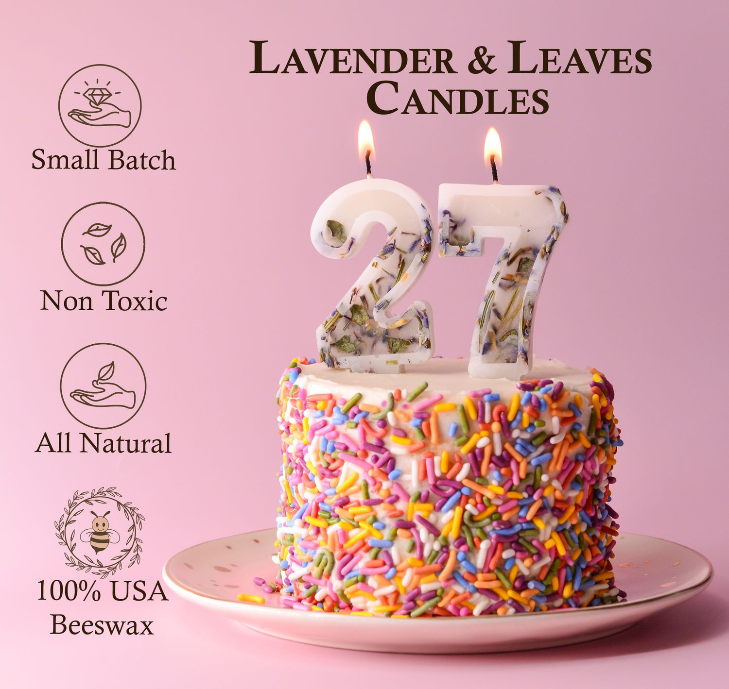 100% USA Pure Beeswax Numbers Birthday Candles With Lavedner and Green Leaves Dried Plants | Anniversary Celebration Cake Cupcake Candle Topper Non-Toxic Safe