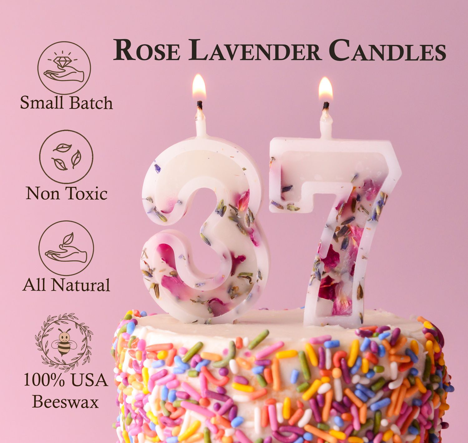 100% USA Pure Beeswax Numbers Birthday Candles With Rose Lavender Dried Plants | Anniversary Celebration Cake Cupcake | Non-Toxic | Safe