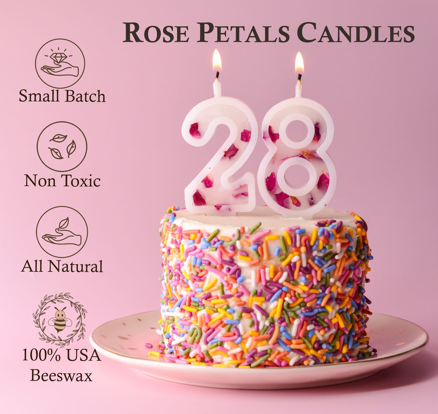 100% USA Pure Beeswax Numbers Birthday Candles With Dried Rose Petals | Anniversary Celebration Cake Cupcake | Non-Toxic | Safe