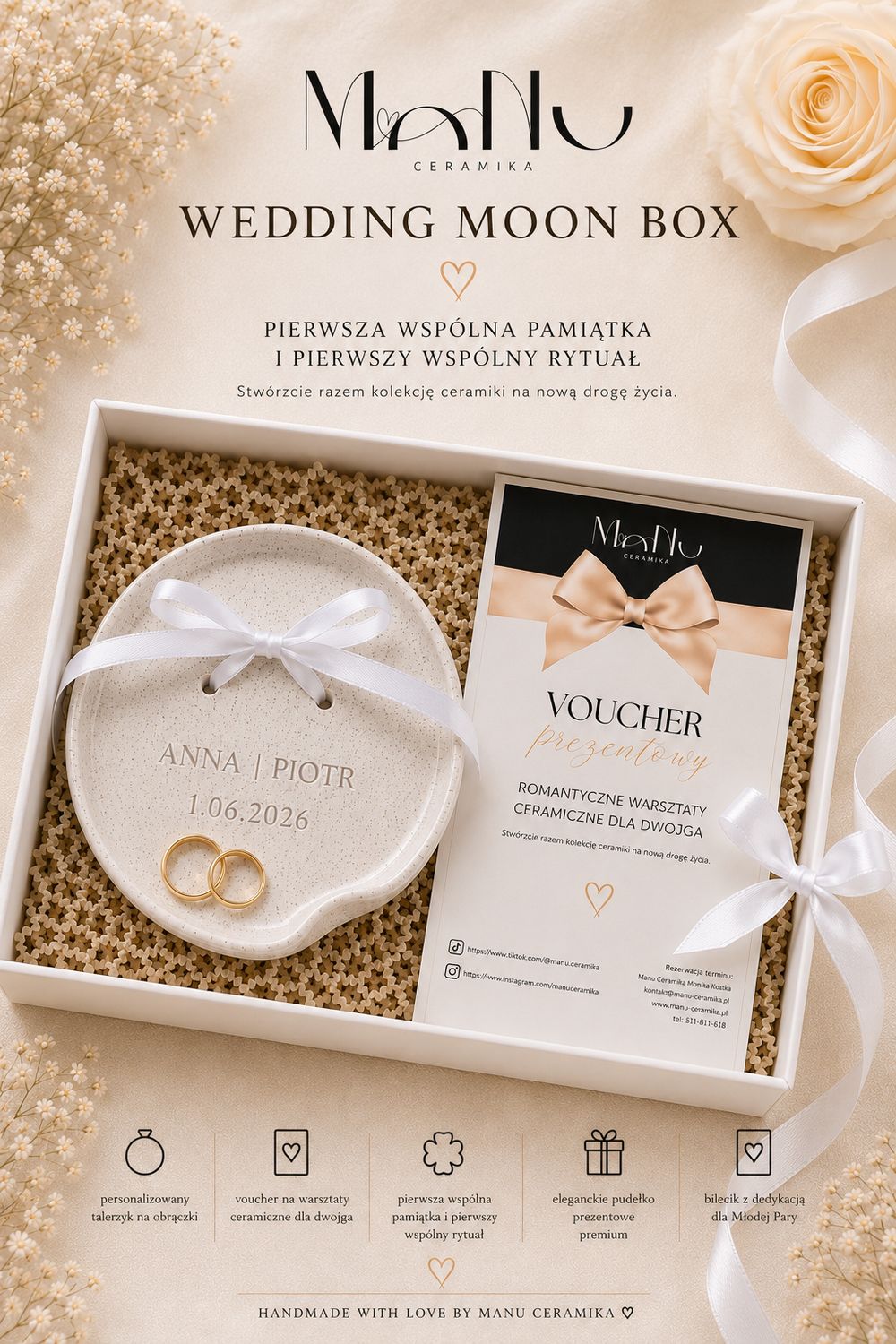 MANU WEDDING MOON BOX - talerzyk na obrączki i voucher na romantyczne warsztaty ceramiczne dla dwojga