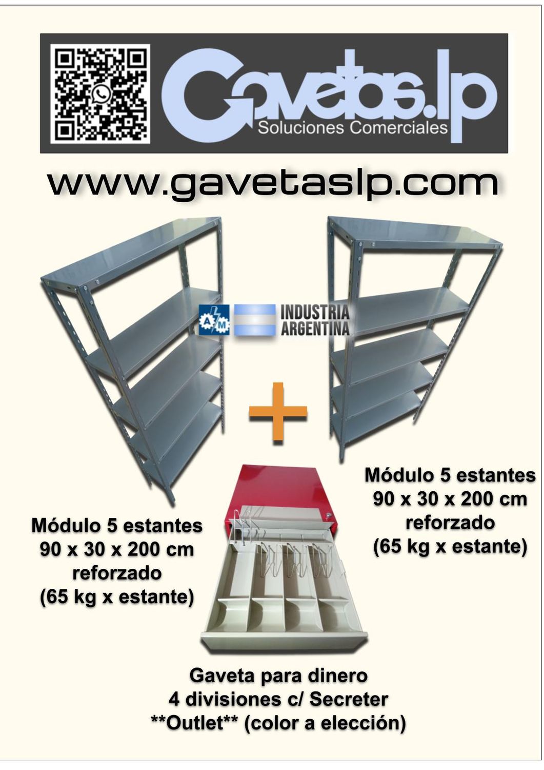 2 módulos 5 estantes 90 x 30 x 200 cm + Gaveta para Dinero 4 divisiones, con secreter.