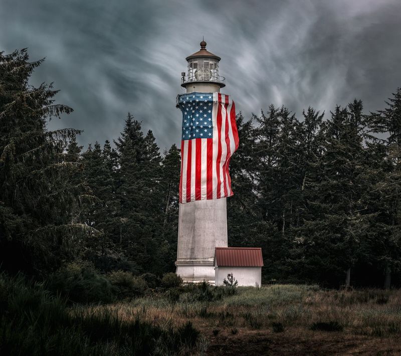 Lighthouse With American Flag 45"X40" Print