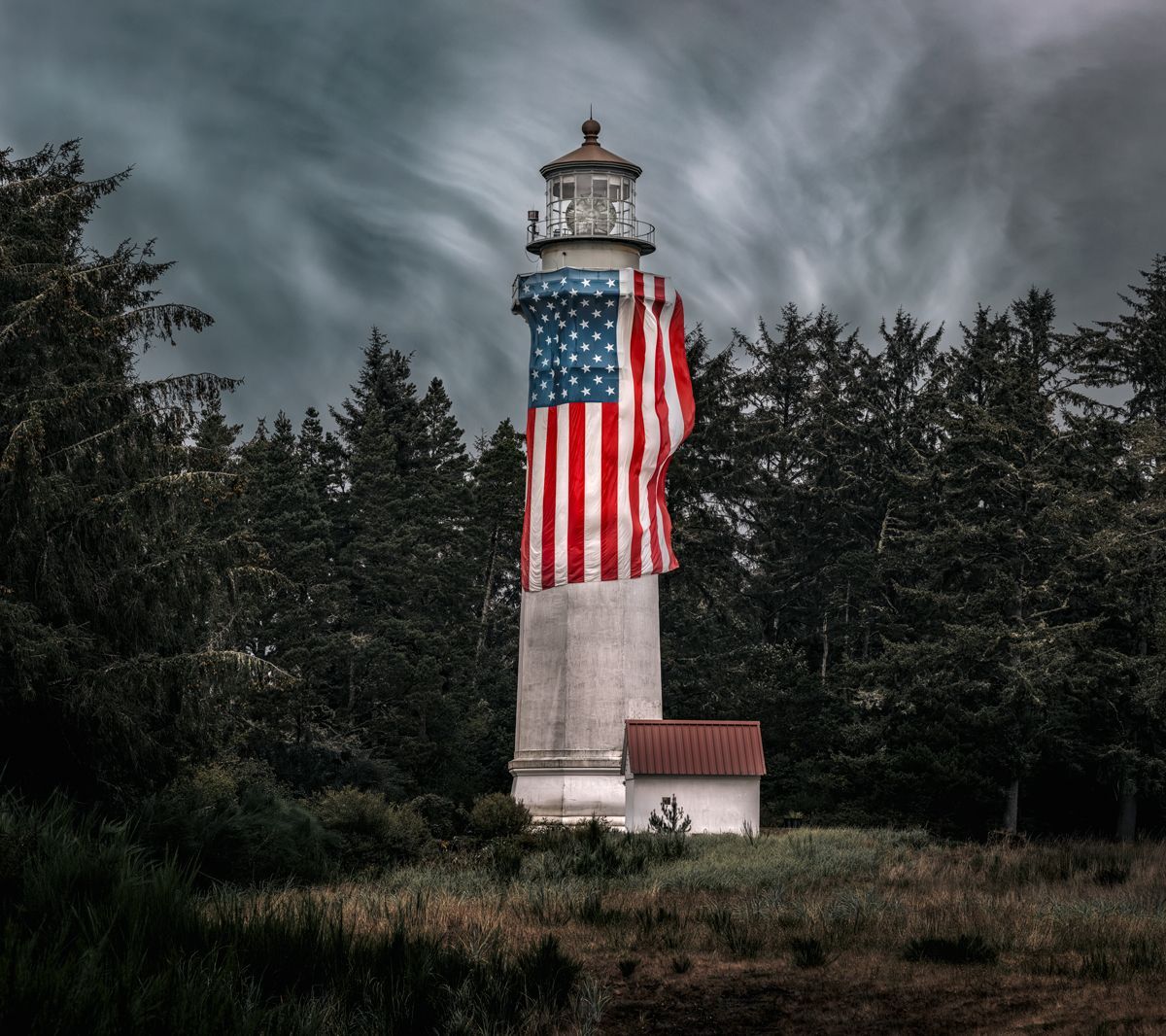 Lighthouse with American Flag 22.5"X20"  Printed under Acrylic Glass
