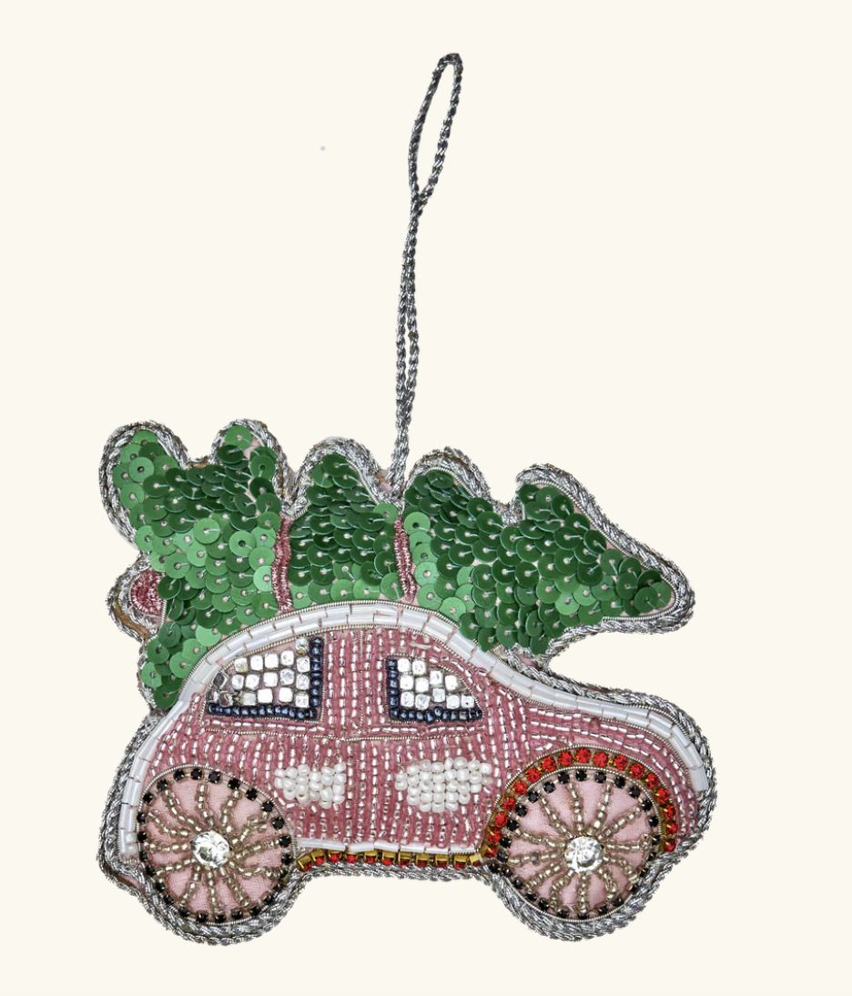 christmas fabric ornament with beads car - rice