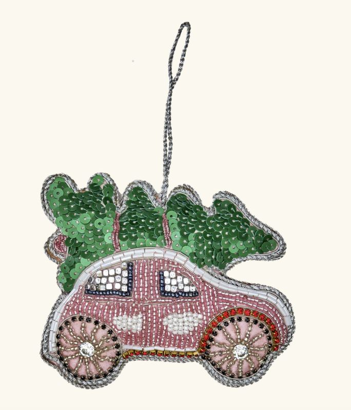 christmas fabric ornament with beads car - rice