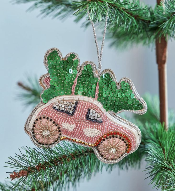 christmas fabric ornament with beads car - rice