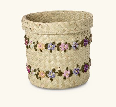 raffia round basket with flower vines small - rice