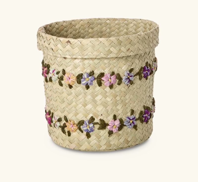 raffia round basket with flower vines small - rice