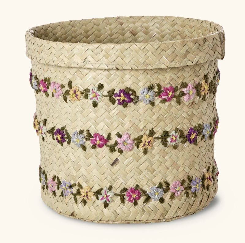 raffia round basket with flower vines - rice