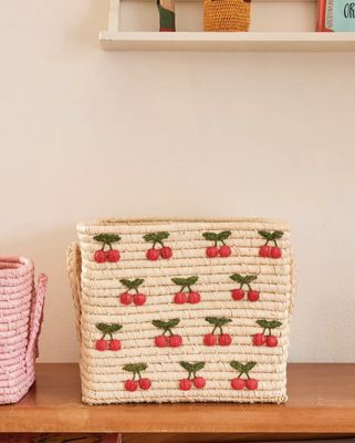 raffia square basket with small cherries - rice