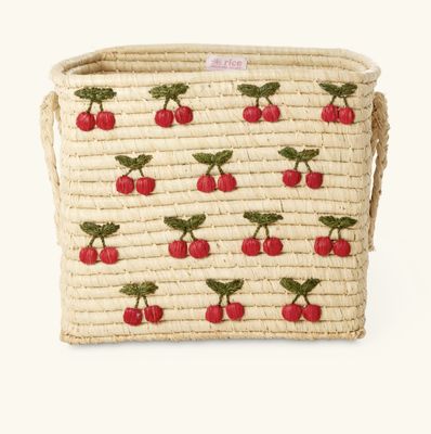 raffia square basket with small cherries - rice