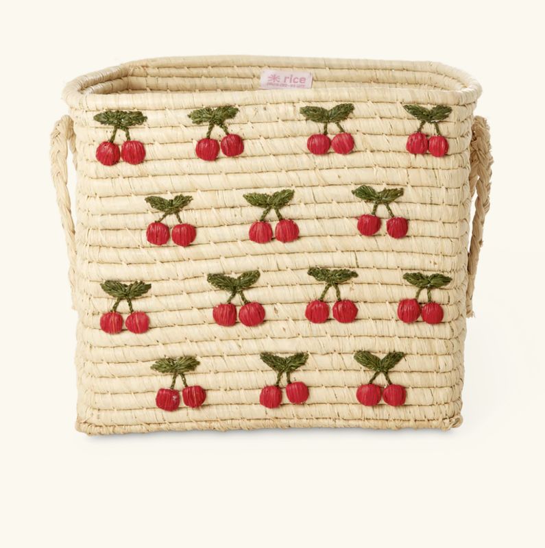 raffia square basket with small cherries - rice