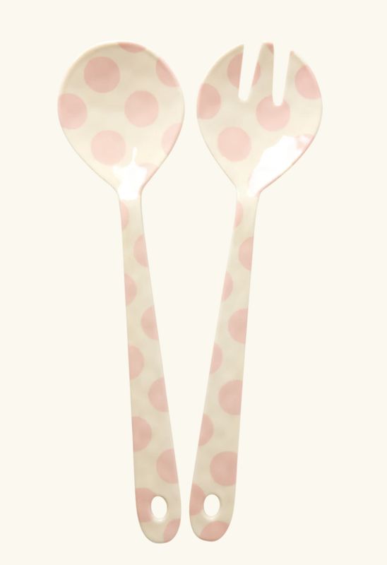 melamine salad spoon and fork with pink dots print - rice