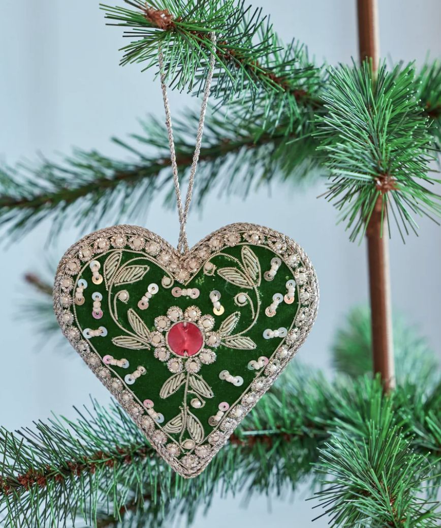 christmas fabric ornament with beads heart shape - rice