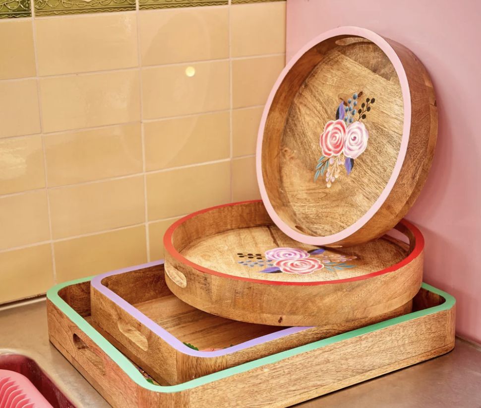 round wooden tray with handpainted pink edge and flowers - rice