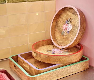 round wooden tray with handpainted pink edge and flowers - rice