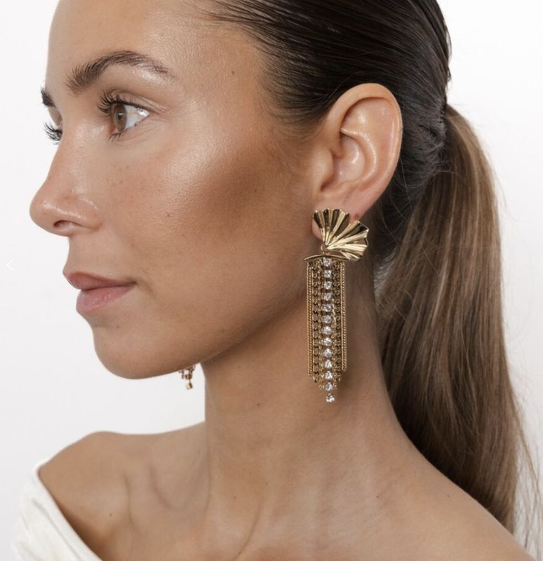 ginkgo chain white strass long earrings - souvenirs de pomme