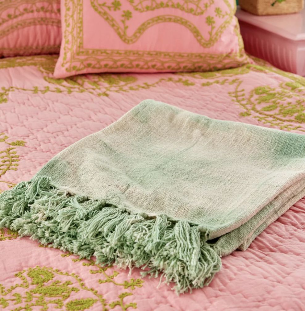 Cotton tie &amp; dye throw - Plaid-  Green blanket - Rice