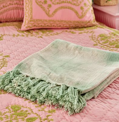 Cotton tie &amp; dye throw - Plaid-  Green blanket - Rice