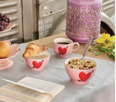 Small Ceramic Bowl - Pink - Embossed Heart Design - rice