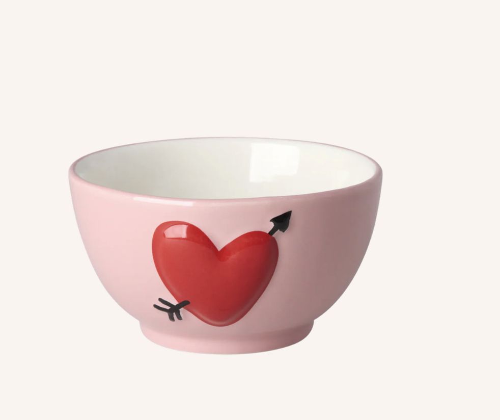 Large Ceramic Bowl - Pink - Embossed Heart Design	- rice