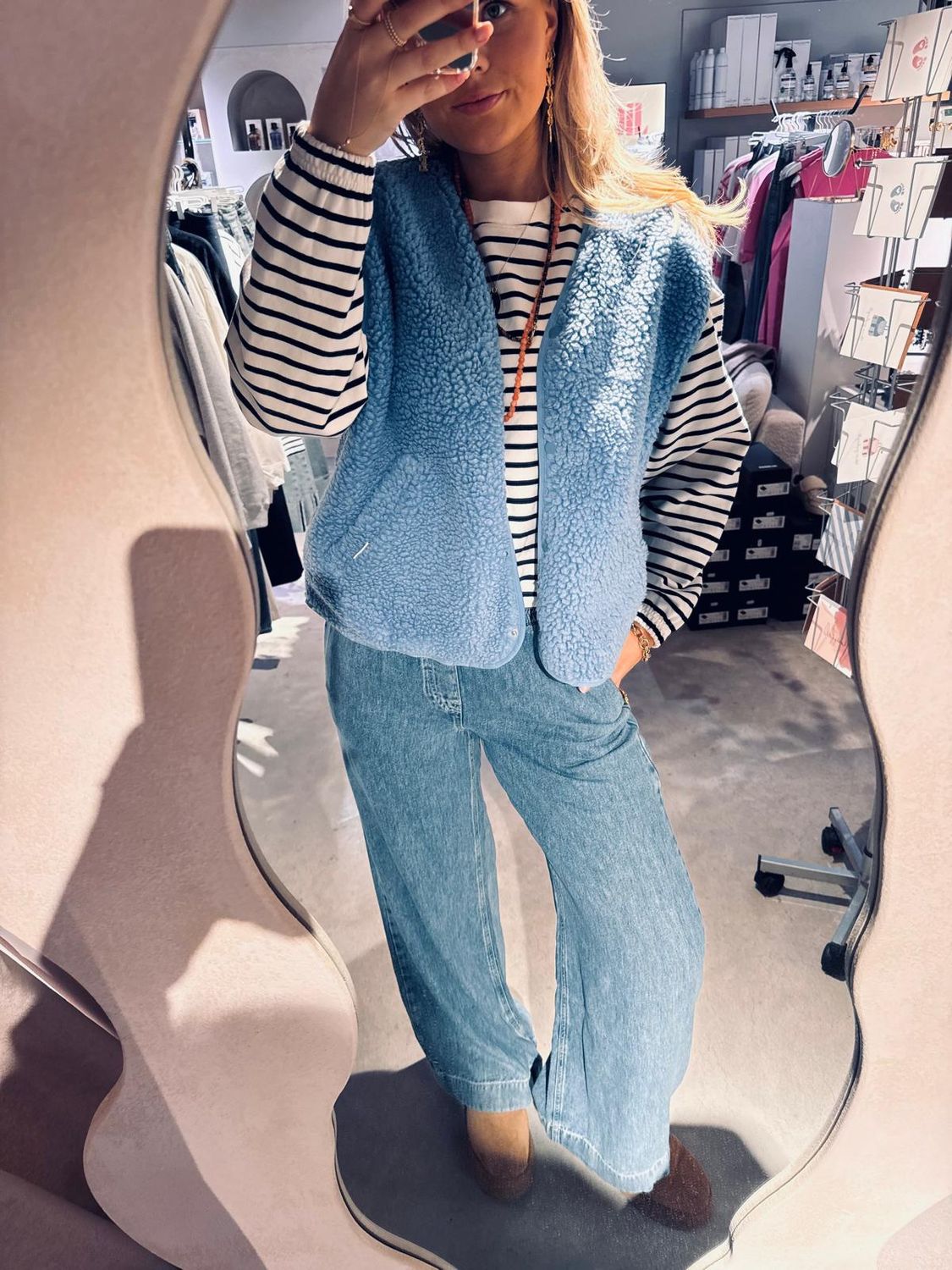 Striped sweater with elastic hems navy blazer - catwalk junkie