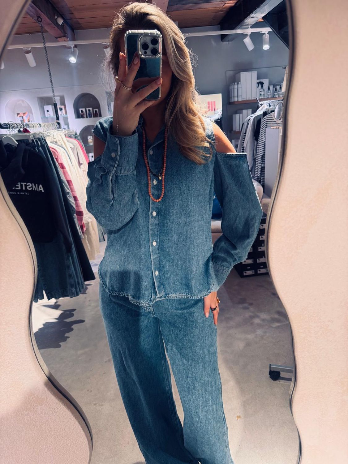 Open shoulder denim blouse - catwalk junkie