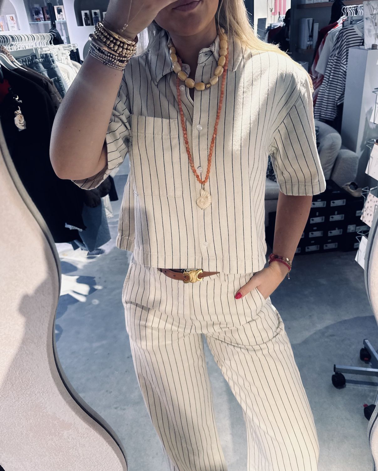 Striped denim blouse - Ecru - catwalk junkie