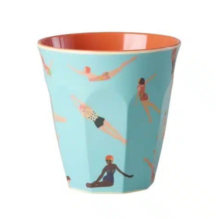Melamine Cup with Retro Swimster Print - Medium - 250 ml - rice