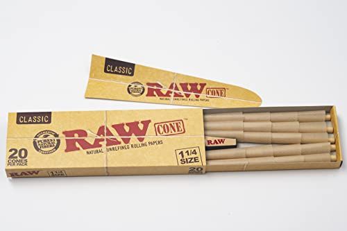 RAW Cones 1 1/4 Size: 20 Pack - Patented Slow Burning Pre Rolled Cones &amp; Tips, Includes Green Blazer Sticker