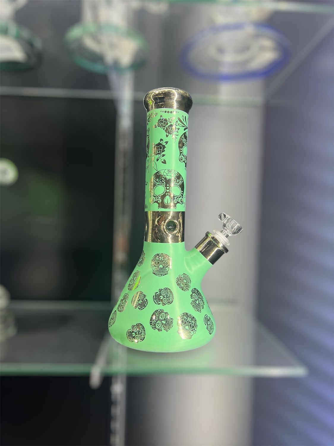 12&quot; Green Beaker Water Pipe with Gold Sugar Skull Design