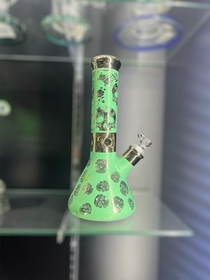 12" Green Beaker Water Pipe with Gold Sugar Skull Design